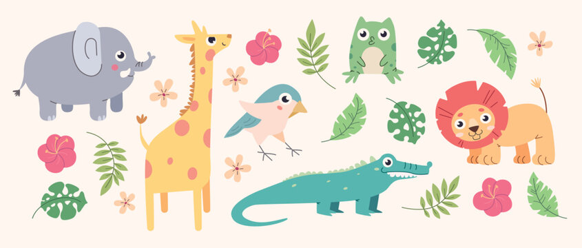 Collection of cute African animals, tropical plants. Kids design elements of baby cartoon zoo. Isolated elephant, giraffe, crocodile, lion, exotic flowers, leaves in set. Childish vector illustration.