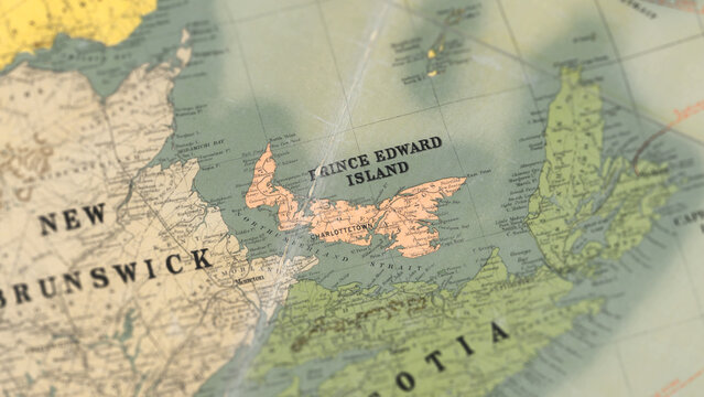 Macro View of Vintage Map Highlighting Prince Edward Island Canada with Detailed Geographic Cartography
