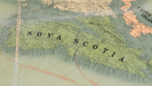 Macro View of Vintage Map Highlighting Nova Scotia Canada with Detailed Geographic Cartography