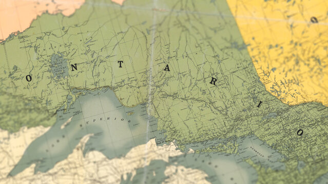 Macro View of Vintage Map Highlighting Ontario Canada with Detailed Geographic Cartography