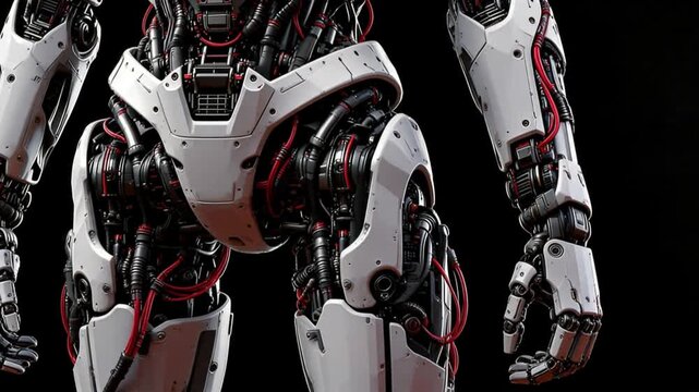 光のスキャンにより錆びたロボットの下半身が最新の金属に修復される抽象背景