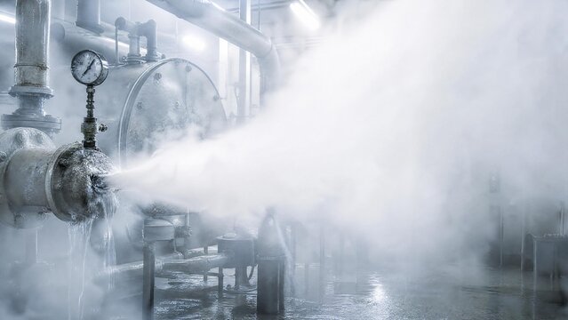 Industrial High Pressure Steam Leak from Pipe in Factory Plant