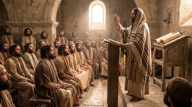 Apostle Paul preaches from a wooden lectern to a gathered group of disciples inside an ancient stone synagogue during the New Testament era.
