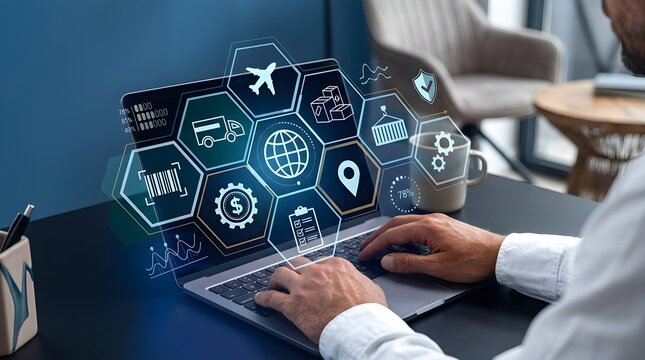 Man using laptop with travel and logistics icons floating above screen in modern office setting