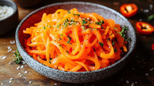 Fresh grated organic orange carrots salad served in a black rustic ceramic bowl