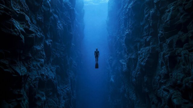 Freediver Floating in Deep Blue Underwater Canyon Fissure