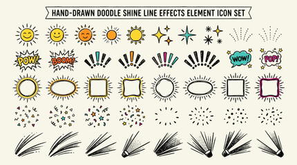 A hand-drawn doodle shine line effects element icon set with various cartoon-style illustrations and graphics. © PYARA