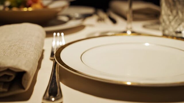 Close-up pan of elegant fine dining table setting