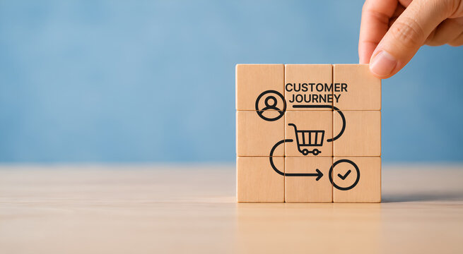 Customer journey, marketing and customer behavior analysis concept. Understanding the customer journey to improve their overall customer experience and increase loyalty. Marketing strategic planning.