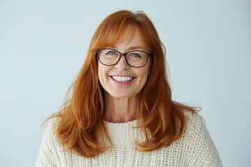 Obraz premium The woman with red hair wearing glasses and a cozy sweater smiling warmly