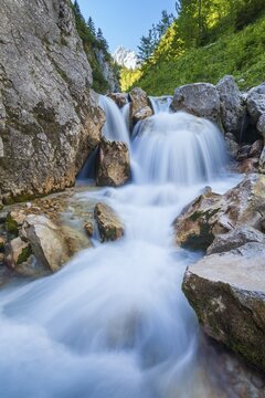 Waterfall of the Hammersbach mountain stream in the H&ouml;llentalklamm, H&ouml;llental, near Grainau, Garmisch-Partenkirchen, Bavaria, Germany