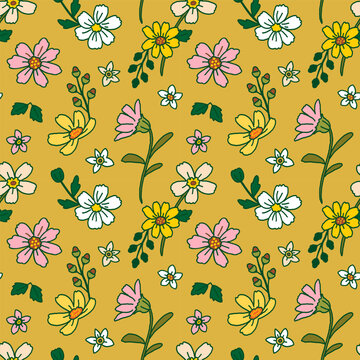 Seamless Pattern with Hand Drawn Flower Design on Yellow Orche Color Background.