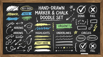 A hand-drawn marker and chalk doodle set on a blackboard with various colorful illustrations and text © PYARA