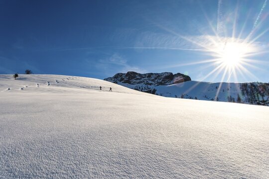 2 ski tourers on a deep snow slope under sunshine, next to downhill tracks, small grater, Berchtesgaden National Park, Sch&ouml;nau am K&ouml;nigssee, Berchtesgadener Land, Upper Bavaria, Bavaria, Germany