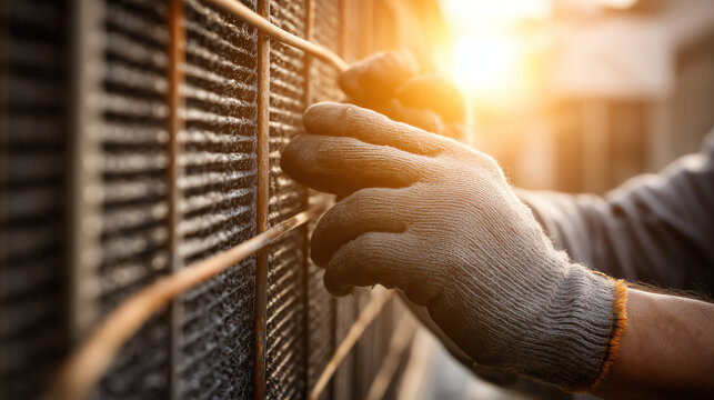 Technician in work gloves cleans the dusty fins of an air conditioning condenser unit by hand against bright golden afternoon light