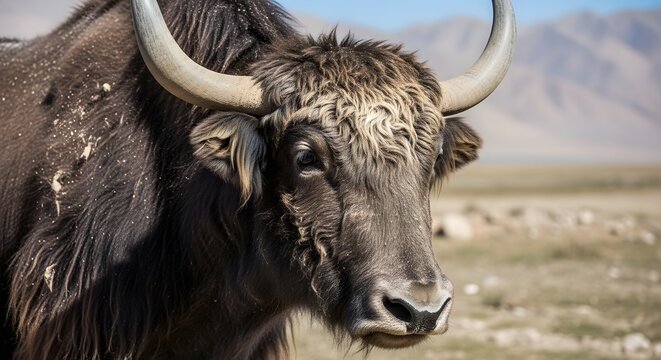 Close up portrait of domestic central asian yak fluffy fur