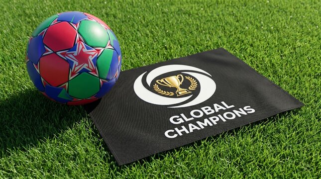 Soccer ball featuring a star design lies on a textured grass surface next to a black Global Champions banner.