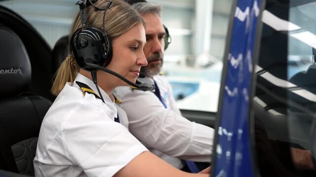 Female student pilot training with instructor in a helicopter flight simulator