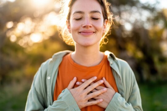 The woman practicing gratitude outdoors during golden hour with hands on chest