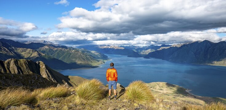 Hiker looks into the distance, view of Lake Hawea, lake and mountain landscape, view from Isthmus Peak, Wanaka, Otago, South Island, New Zealand