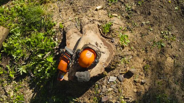 Top down view of a gasoline powered chainsaw and a safety hard hat with ear protectors resting on a freshly cut tree stump in a sunny forest, surrounded by sawdust and green grass