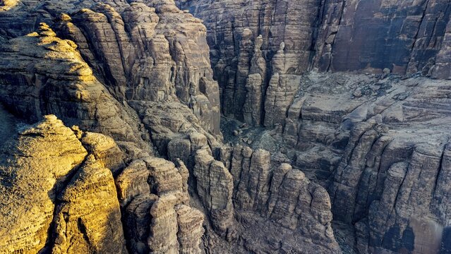 Aerial of a sanstone canyon, Al Ula, Kingdom of Saudi Arabia