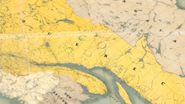 Macro View of Vintage Map Highlighting Quebec Canada with Detailed Geographic Cartography