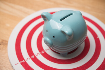 Piggy bank is in center of dartboard. Focus on financial planning management for achieve savings target, financial freedom, personal wealth, pension retirement, money literacy and discipline concept. © pla2na