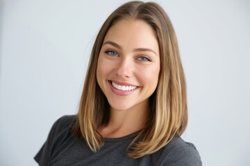 Obraz premium The smiling young woman in a casual gray shirt natural studio headshot portrait