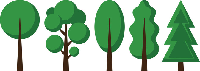 Green forest trees vector illustration set featuring flat cartoon icons of oak pine fir deciduous and coniferous foliage isolated on white background © Jasmin