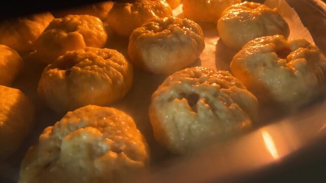 Close-up of homemade pastries baking in oven