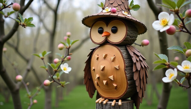 Decorative owl sculpture in a serene garden with flowers and trees