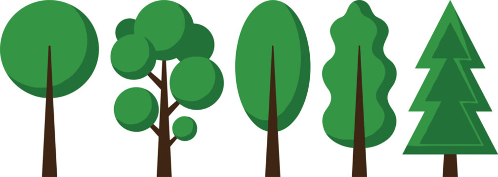 Green forest trees vector illustration set featuring flat cartoon icons of oak pine fir deciduous and coniferous foliage isolated on white background