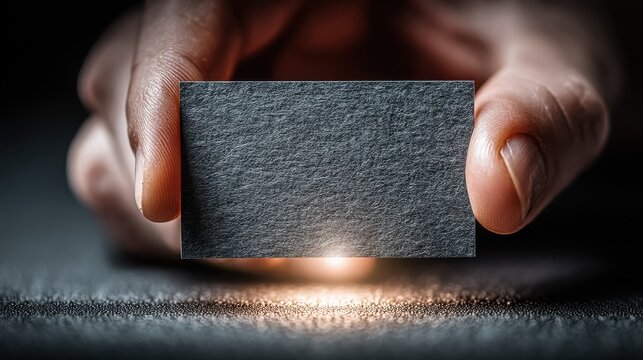 Hand holding blank dark textured paper card with mysterious glowing light underneath, showcasing futuristic minimal design for impactful presentation or secret message