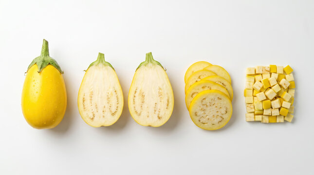 Yellow eggplant culinary preparation row showing whole aubergine with stem longitudinal cuts round slices and diced cubes