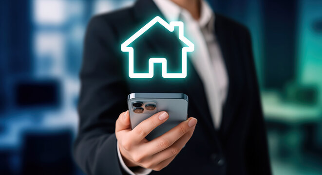 Real estate app access turns a glowing home icon into property search shorthand, linking mortgage inquiry, rental request, insurance quote and smart home service booking for housing teams