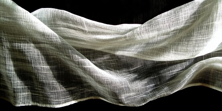 White fabric drapes on a deep ebony background, highlighting intricate textures and movement.