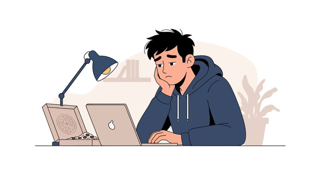 Bored Young Man Working Late at Desk with Laptop and Pizza, Feeling Uninspired