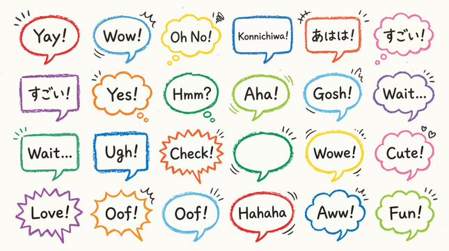 A colorful illustration of various speech bubbles with different expressions and languages on a white background.