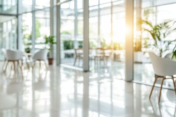 Fototapeta premium The Modern Office Lobby Bathed in Warm Sunlight with Glass Walls and Plants
