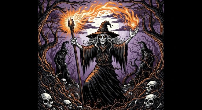Dark fantasy knight in full armor holding a glowing flaming sword inside a spooky stone dungeon