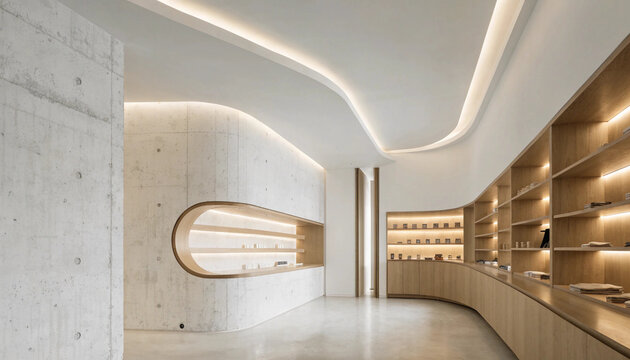 Minimalist modern retail store interior background with empty light wood shelves on white concrete wall