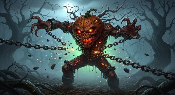 Scary pumpkin monster breaking metal chains in a spooky forest at night, Halloween horror illustration