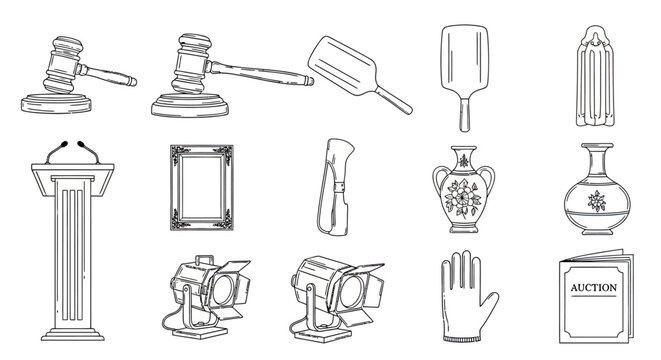 Legal and auction line icons for bidding and justice.