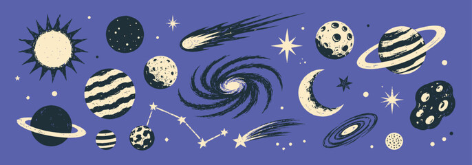 Retro Celestial Space Elements and Cosmic Astronomy Vector Set © Raheela