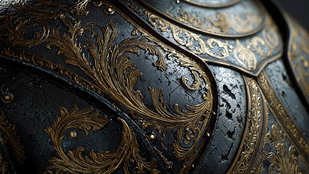 Macro close up of ornate medieval black steel armor with intricate gold engravings