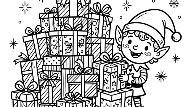 A festive christmas coloring page featuring a cheerful elf standing next to a large stack of wrapped gift boxes with ribbons, line on white background isolated on a transparent background