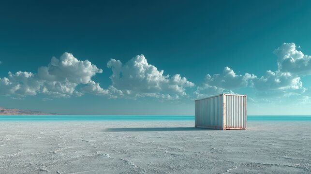Minimalist Cargo Container on Salt Flat Landscape Under Dramatic Teal Sky with White Cumulus Clouds Reflecting Global Shipping and Isolation