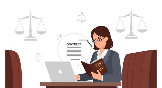 Lawyer working on contract with laptop and legal book, surrounded by scales of justice symbols