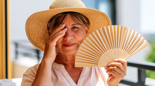 Heatwave impact on elderly health, senior woman cooling with hand fan, sun hat, squinting in bright summer glare, risk of dehydration and overheating, safety and prevention concept.